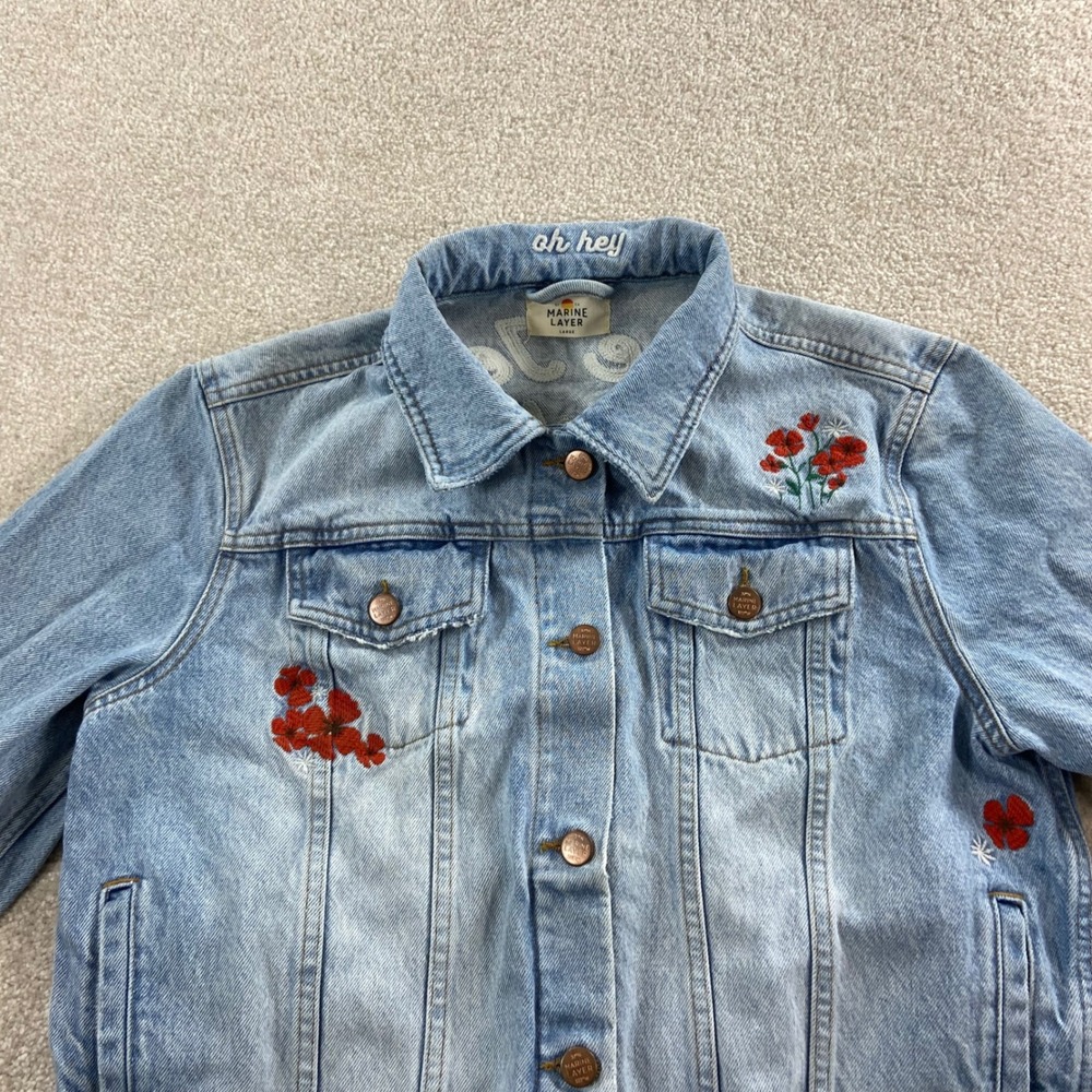 Marine Layer Denim Jacket Women Large Blue Floral Blue Jean Baby Embroidered - Picture 4 of 15
